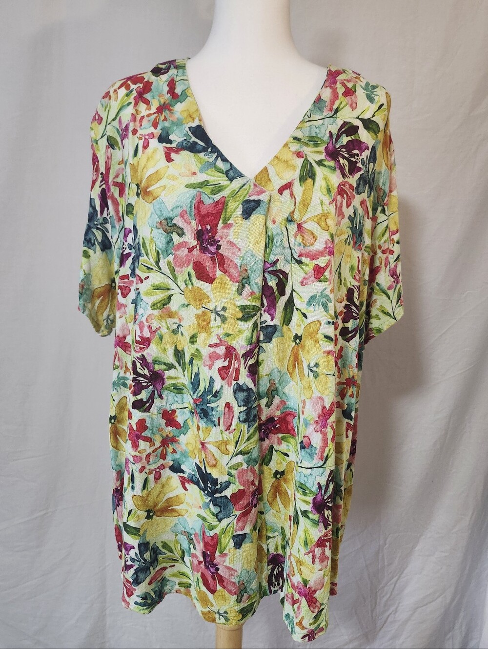 Blue Sky Linen/Bamboo Floral V-Neck Tunic- Multicolor